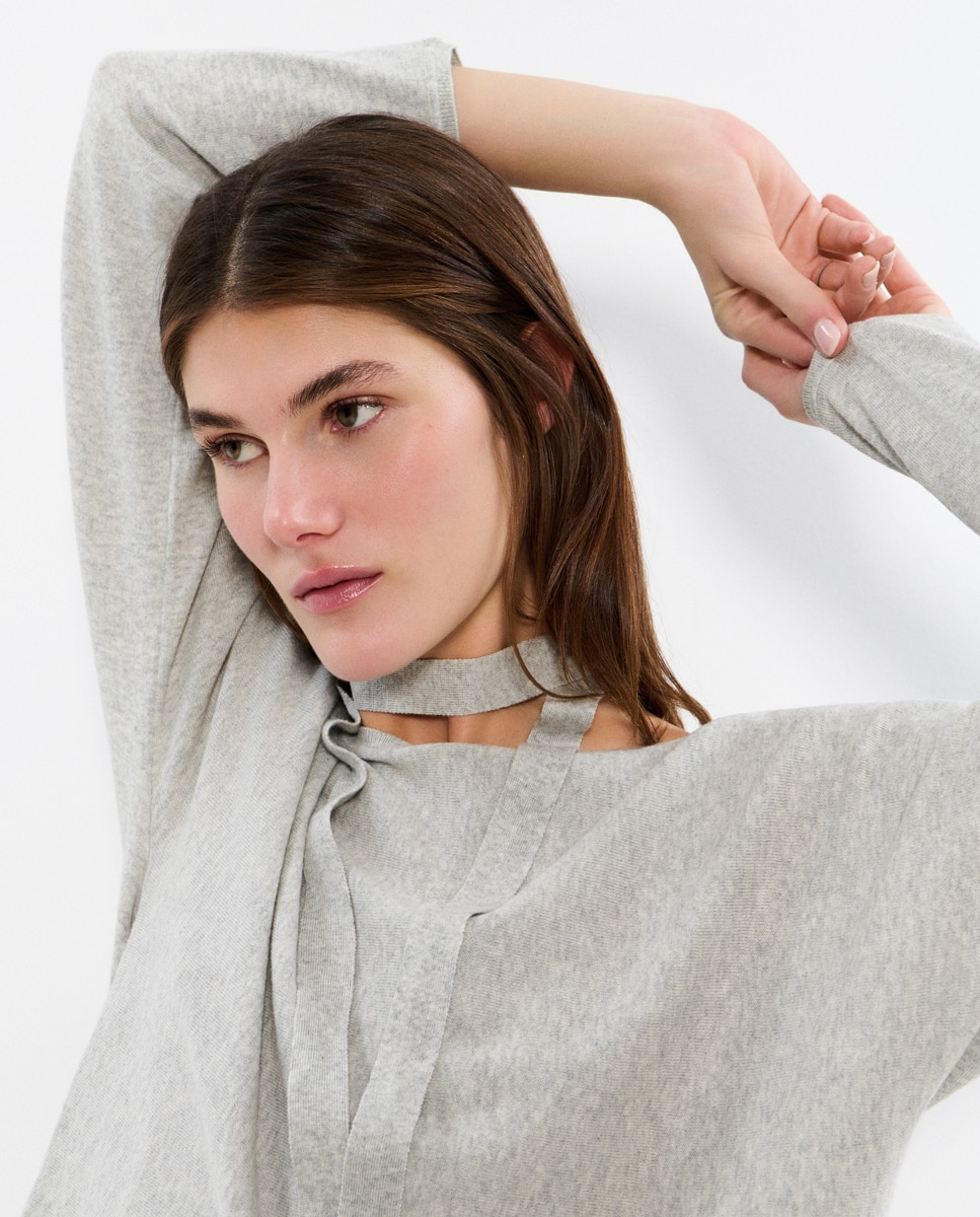 Camisola com Ombro Caído e Choker Cinzento-claro-4
