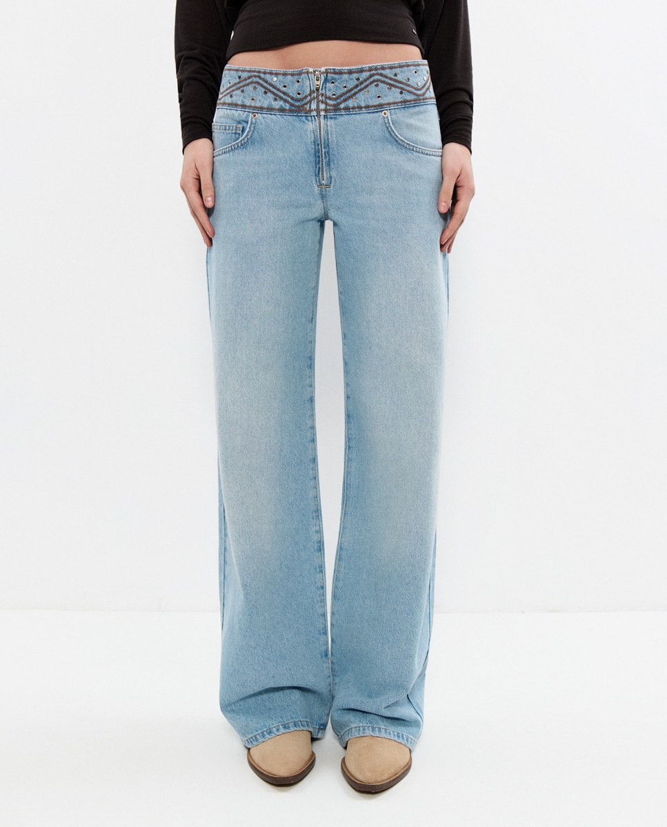 Jeans com Corte a Direito com Cintura e Bordados Azul-3