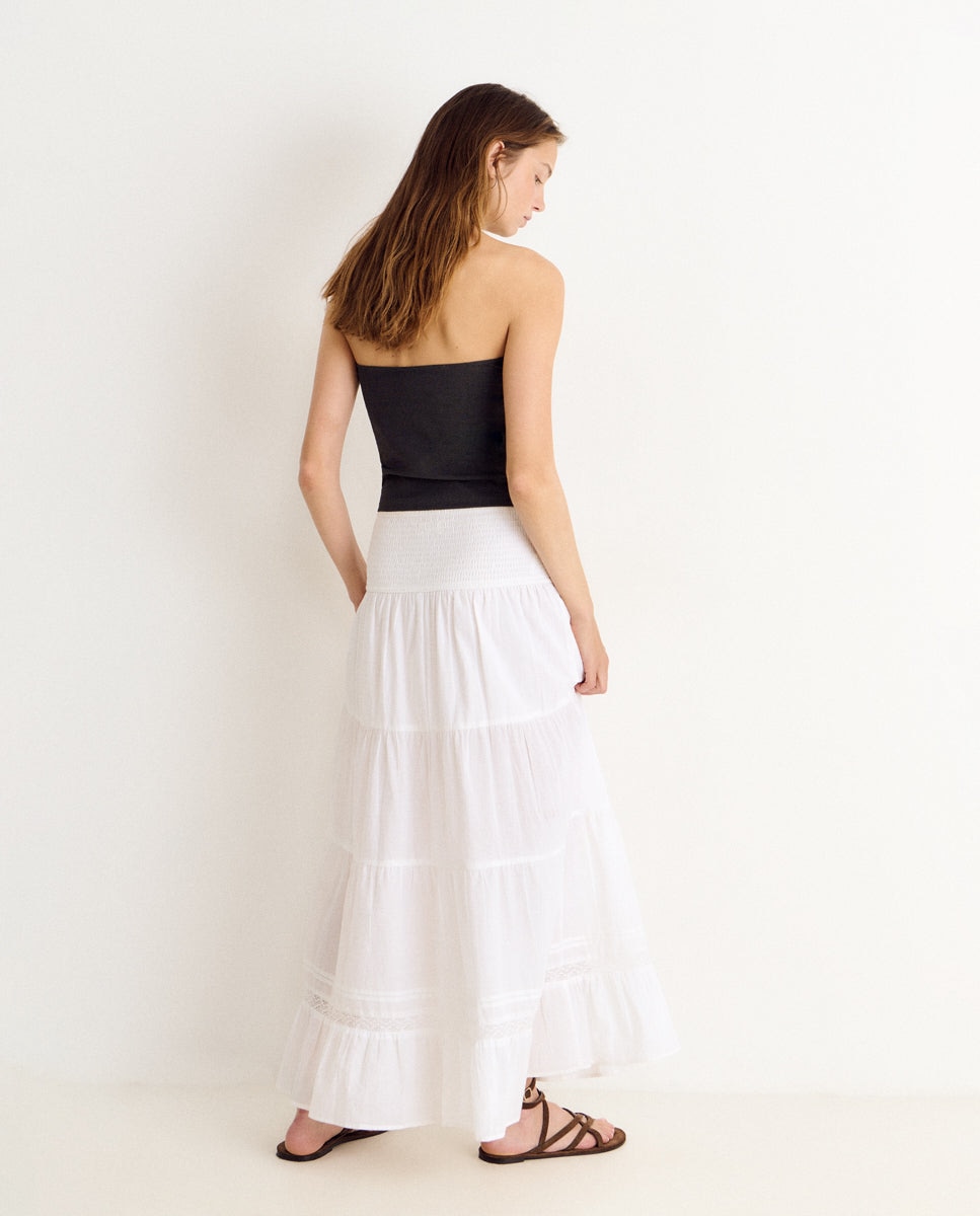 Saia Comprida com Smock e Estampado Branco-2