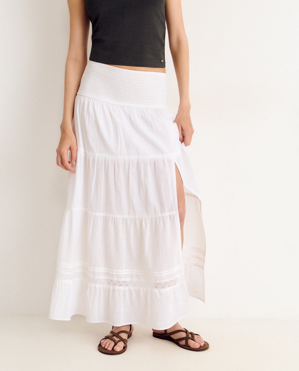 Saia Comprida com Smock e Estampado Branco-3