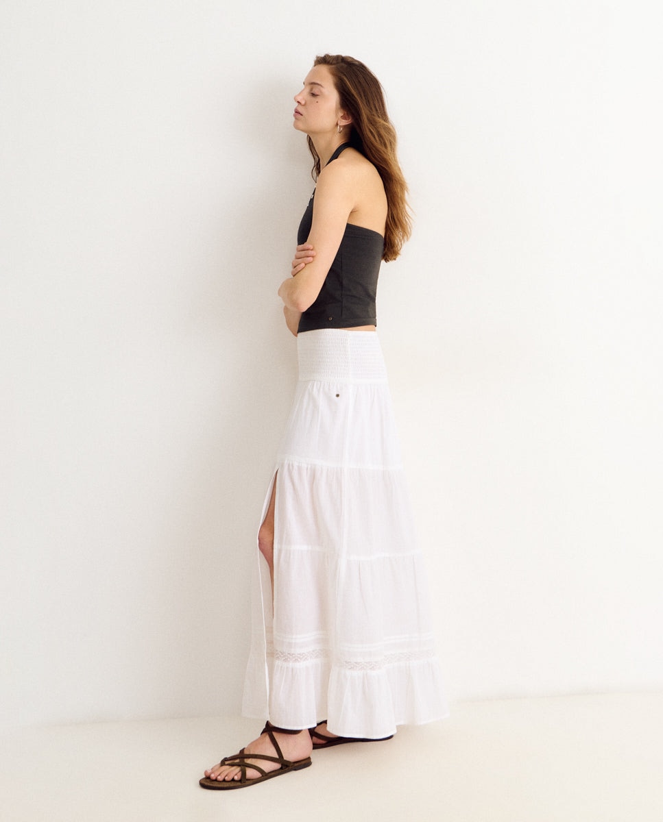 Saia Comprida com Smock e Estampado Branco-4