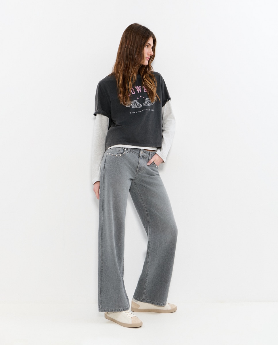 Jeans com Corte a Direito com Asas e Tachas Cinzento-2