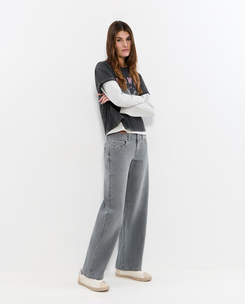 Jeans com Corte a Direito com Asas e Tachas Cinzento-3