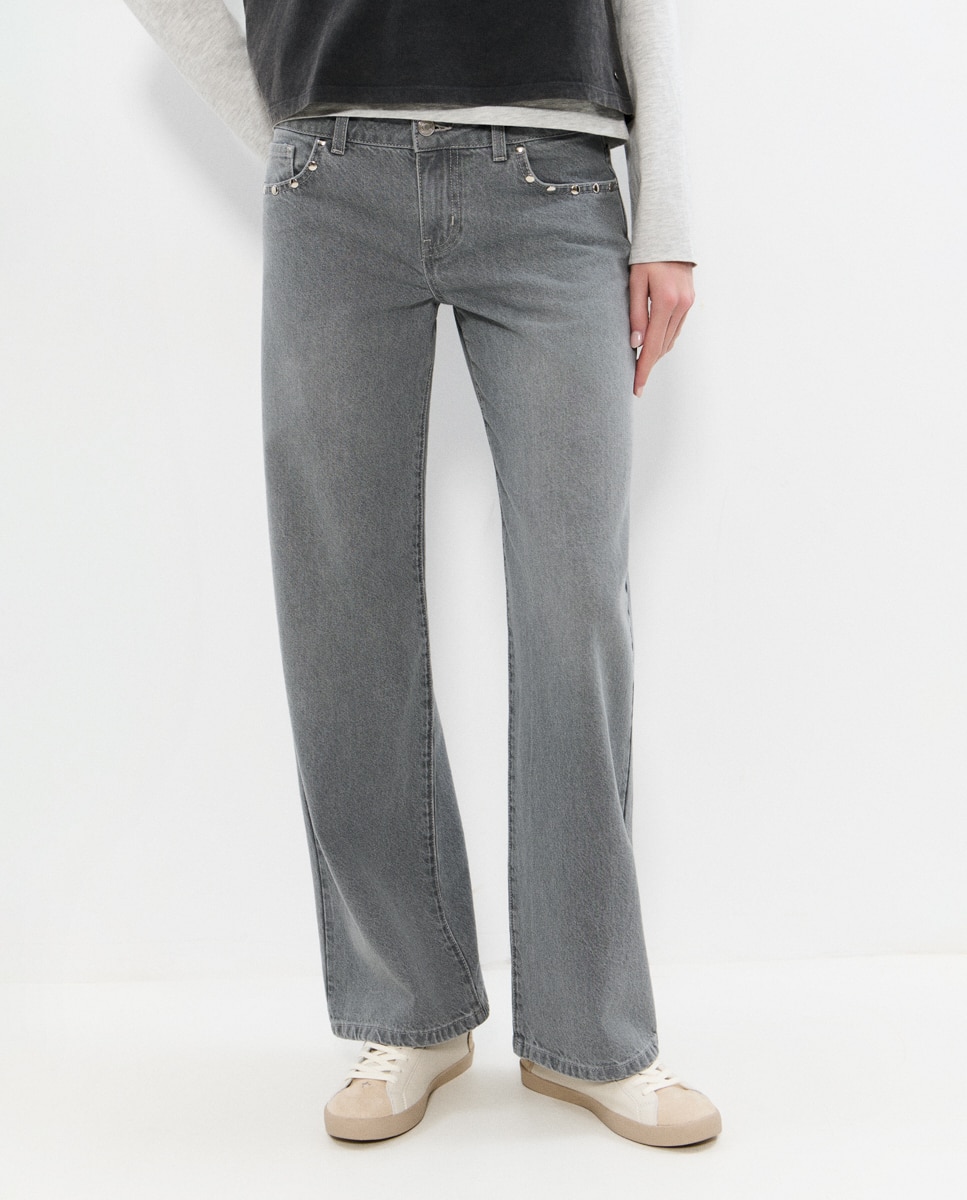 Jeans com Corte a Direito com Asas e Tachas Cinzento-4