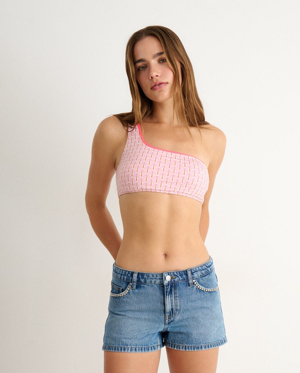 Top de Biquíni Assimétrico de Palmeiras Rosa-4
