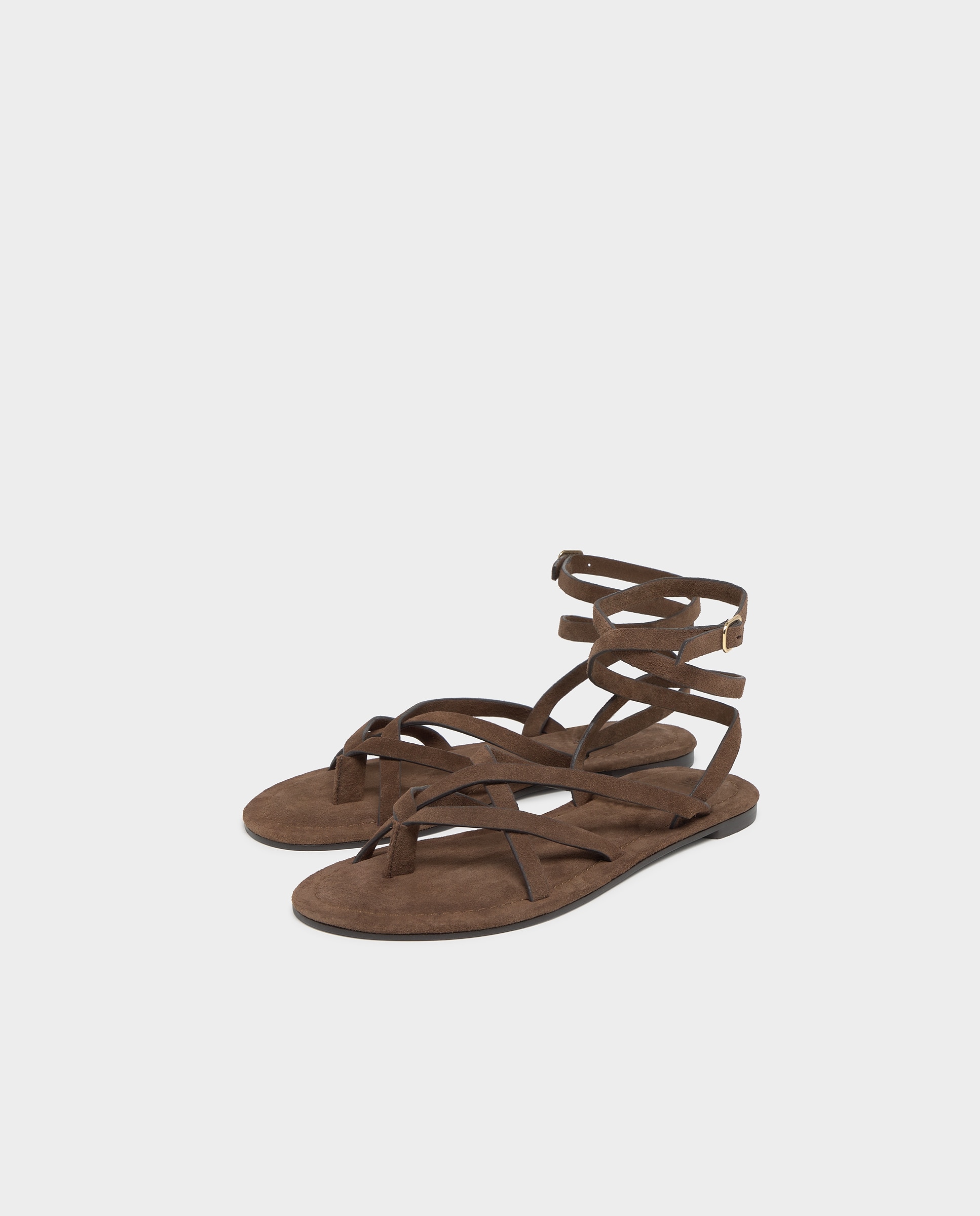 Sandálias Rasas de Pele com Tiras Castanho-chocolate-2