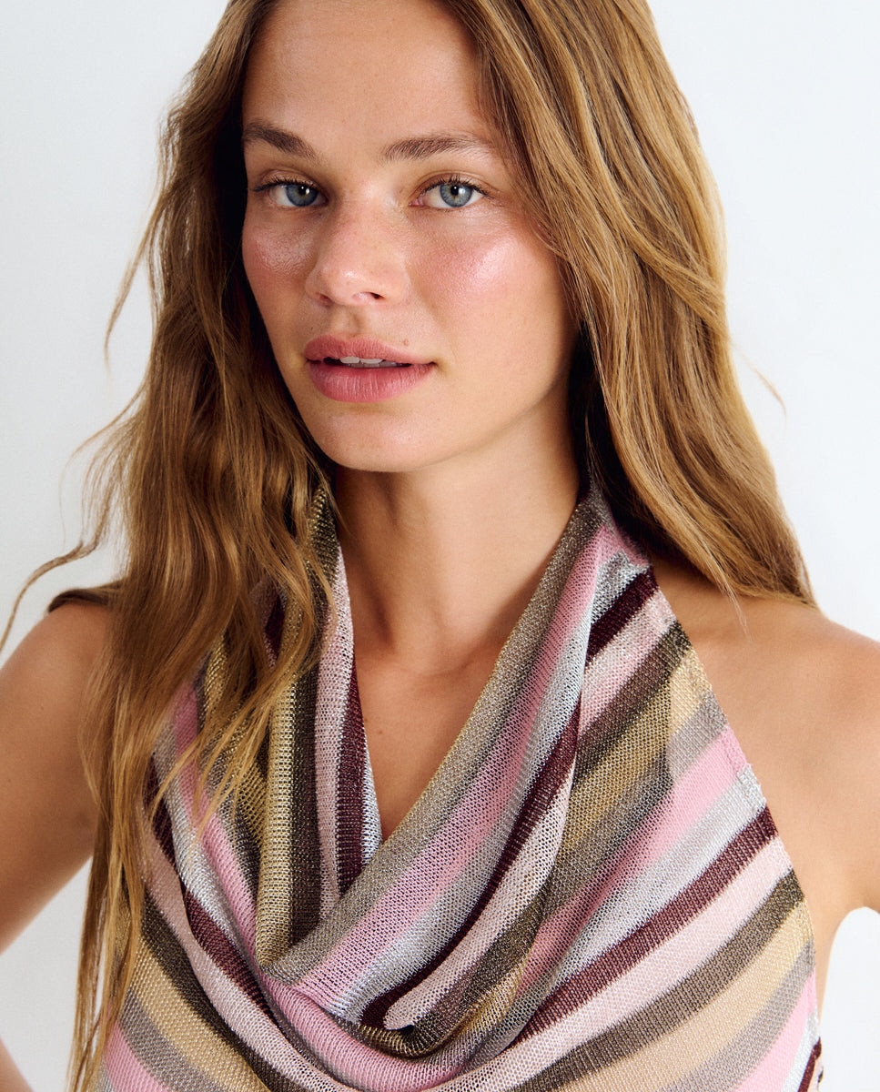 Top Às Riscas com Gola Halter Rosa-4