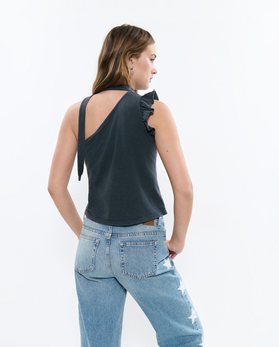 T-shirt Assimétrica com Folho e Écharpe Cinzento-2