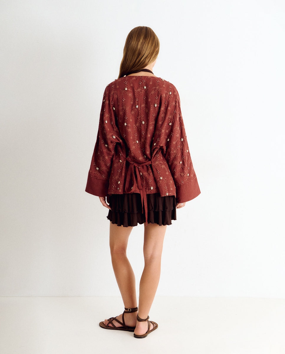 Casaco Estilo Kaftan com Bordados e Pedraria Telha-2
