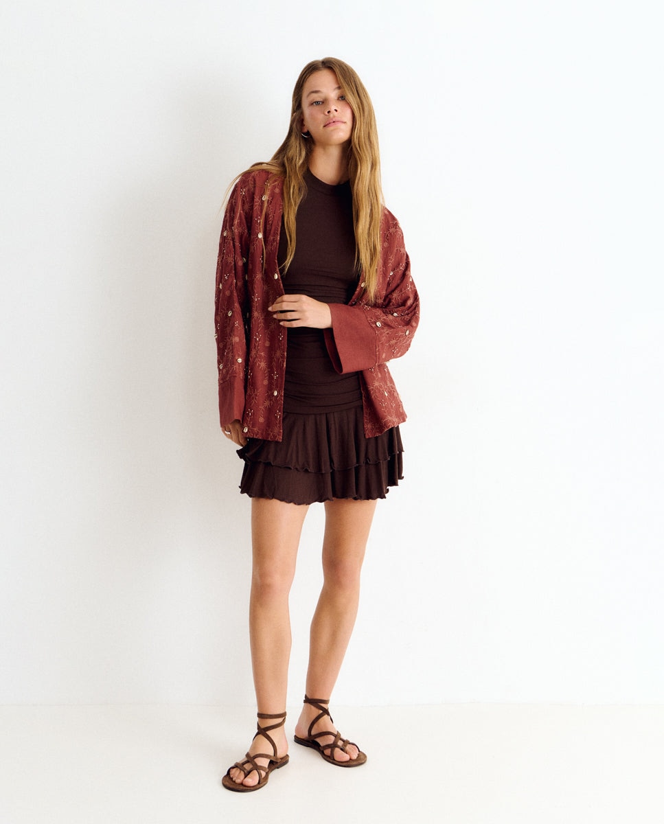 Casaco Estilo Kaftan com Bordados e Pedraria Telha-3