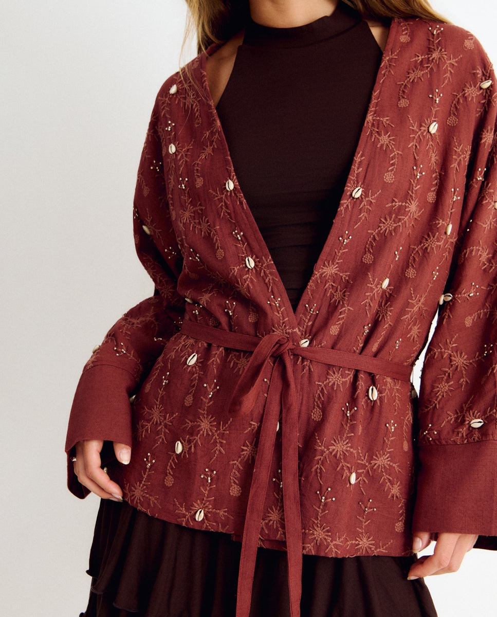 Casaco Estilo Kaftan com Bordados e Pedraria Telha-4