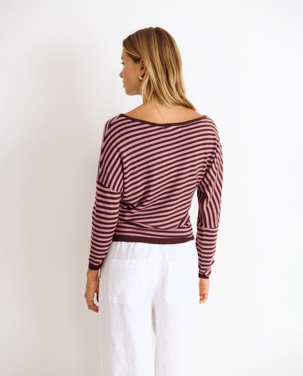 Camisola Assimétrica Às Riscas Rosa-2