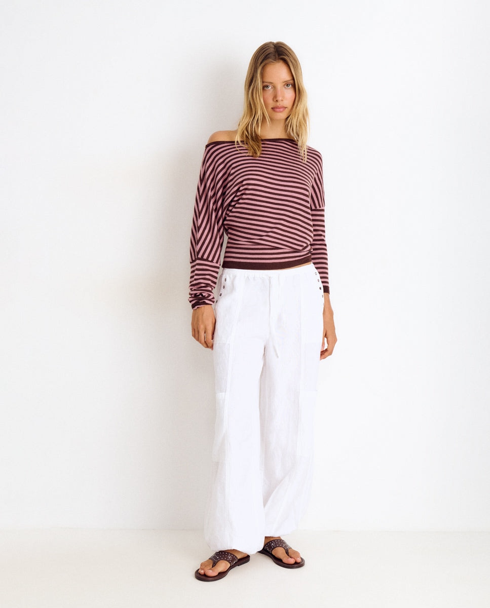 Camisola Assimétrica Às Riscas Rosa-3