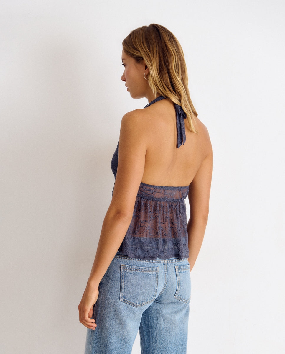 Top com Renda e Gola Halter Azul-2