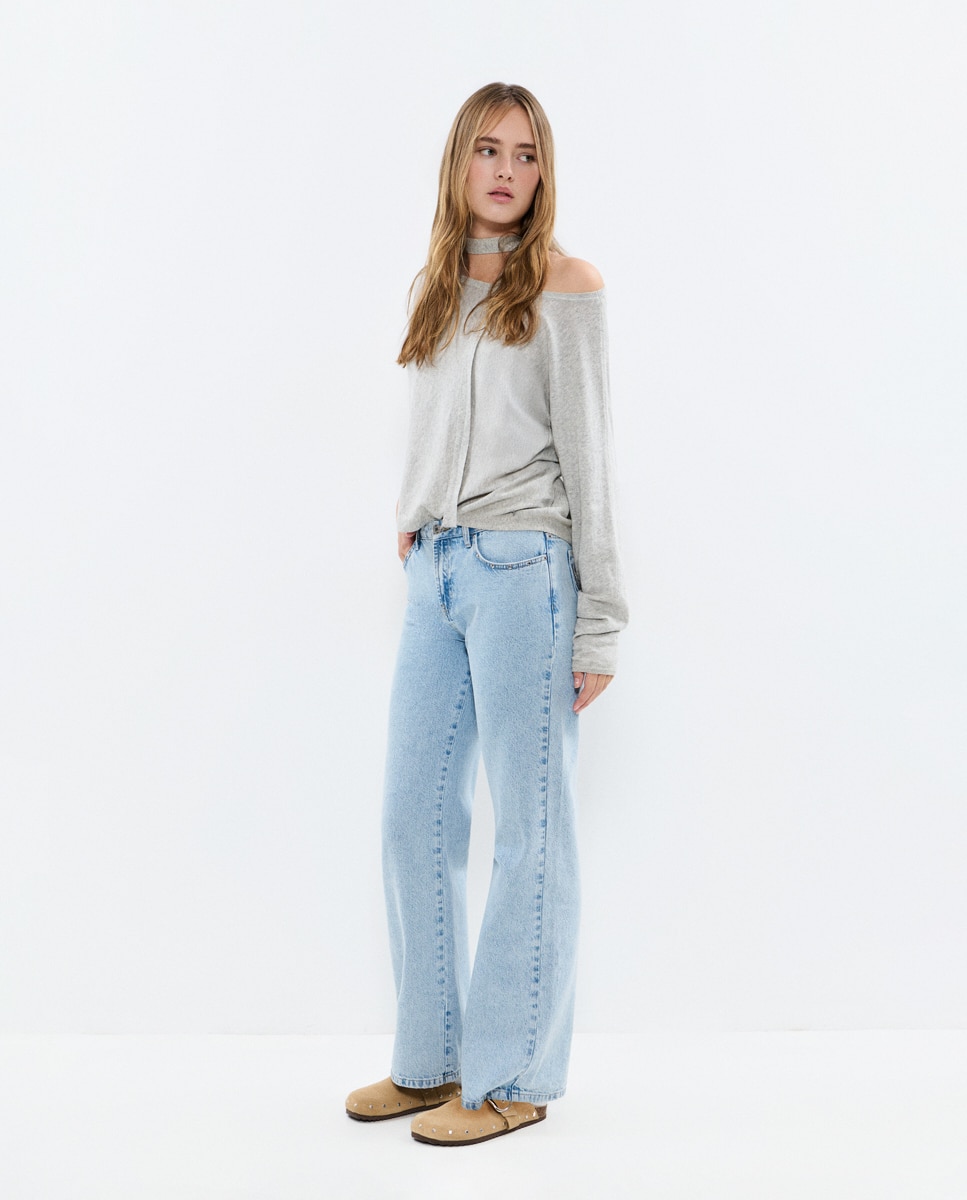 Jeans com Corte a Direito e Bolsos Bordados Azul-claro-2
