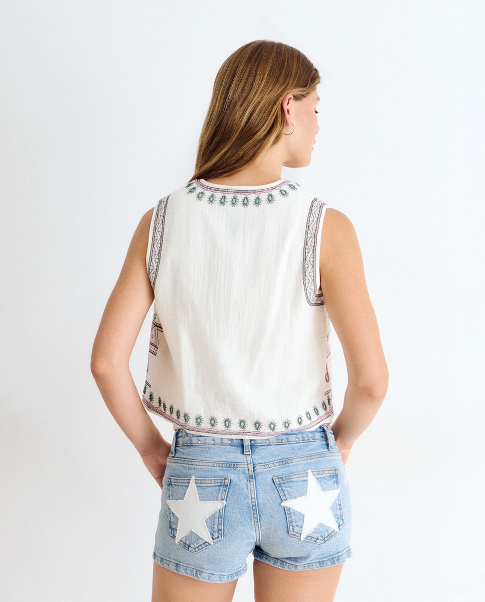 Top Colete com Bordados Branco-2