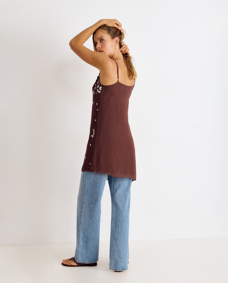 Vestido Curto de Alças com Botões Castanho-chocolate-2