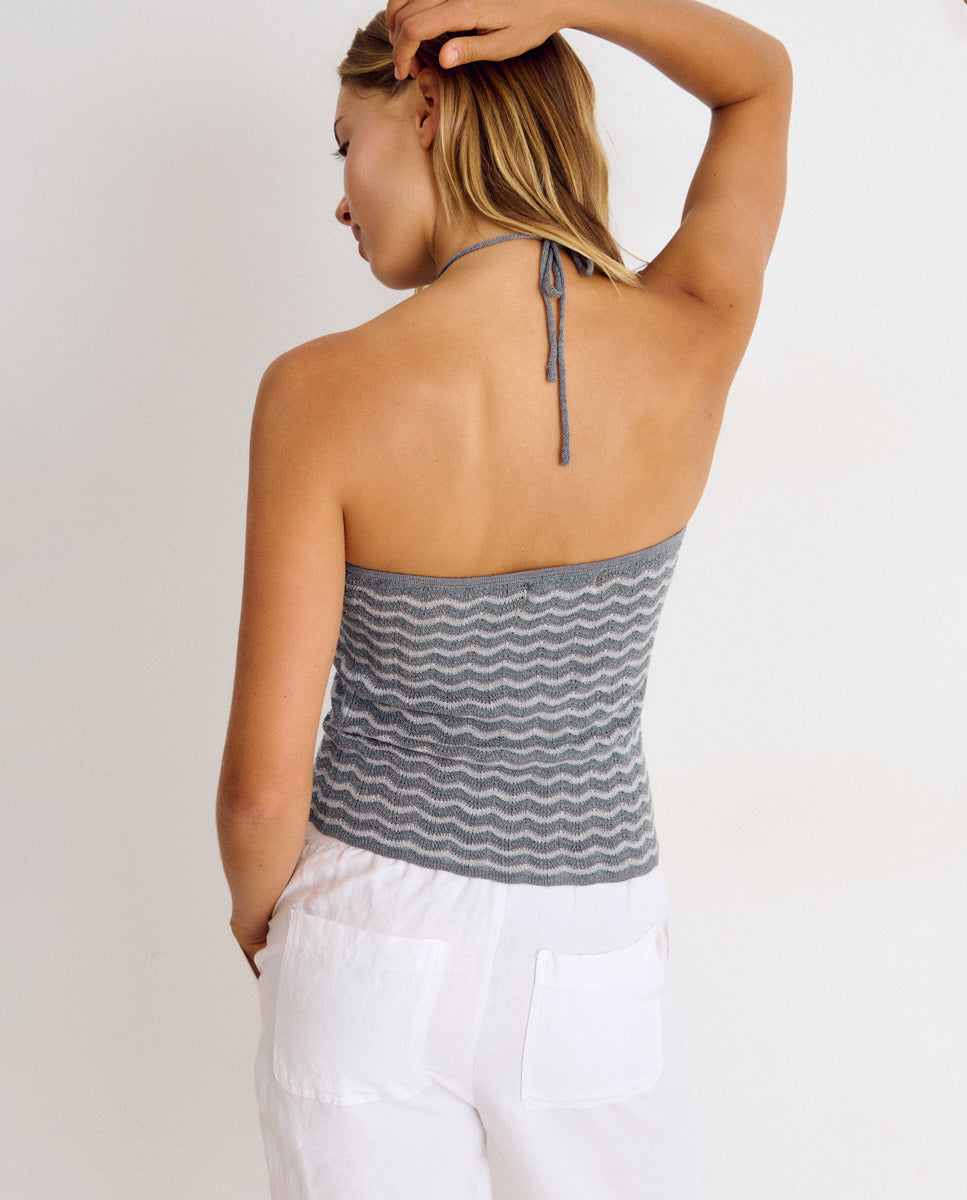 Top com Gola Halter e Ondas Azul-2