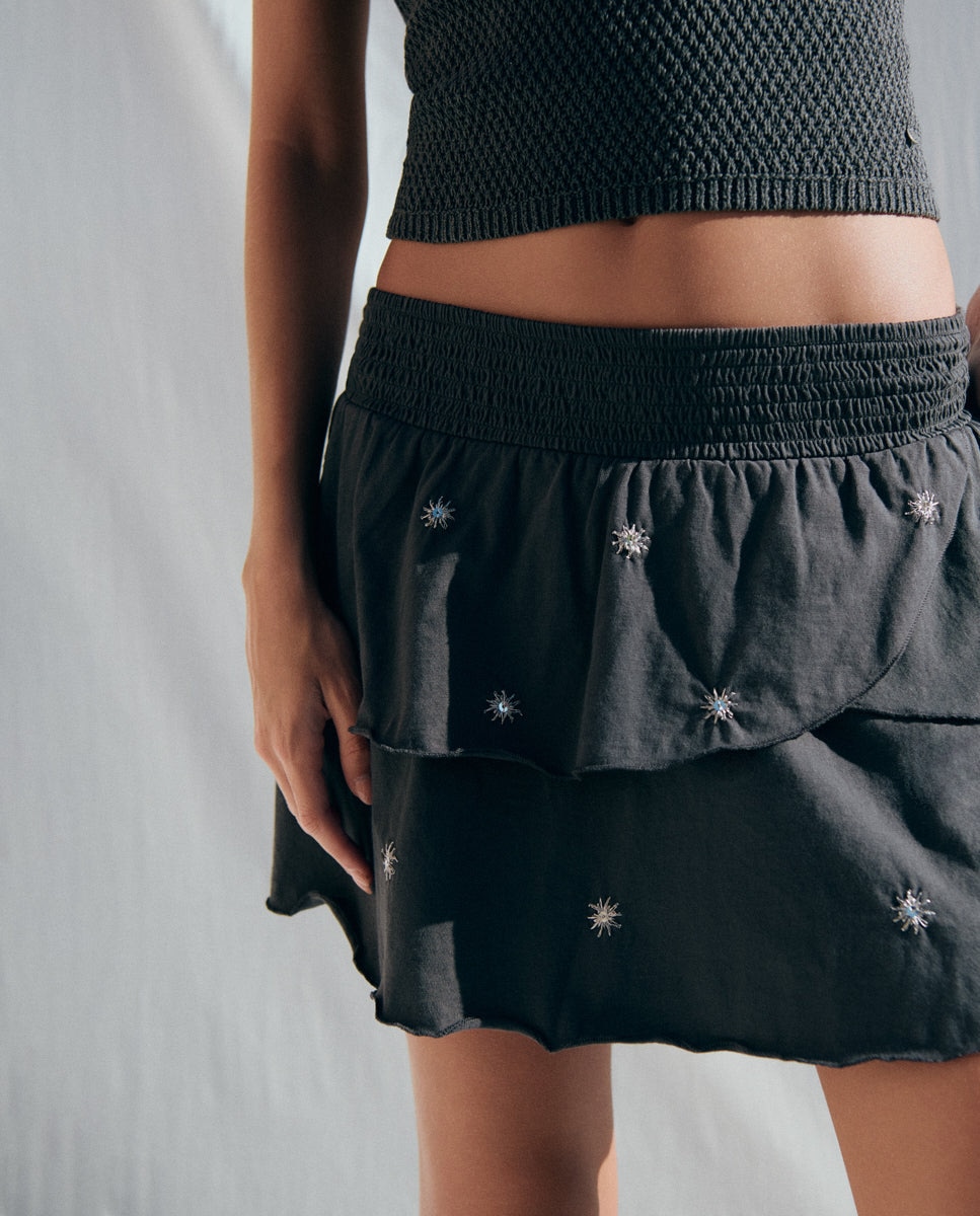 Saia Curta com Smock e Bordados Cinzento-4