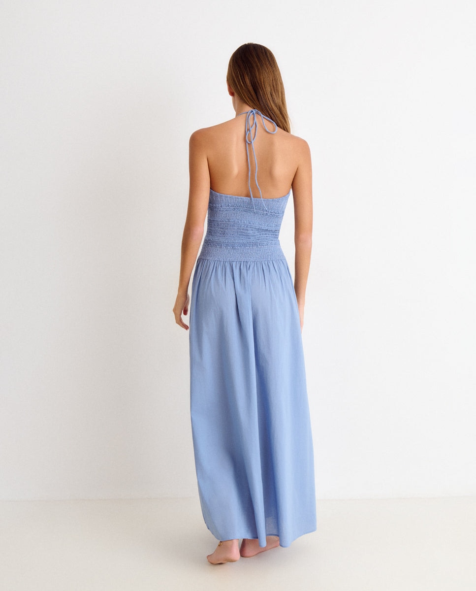 Vestido Comprido com Smock Azul-2