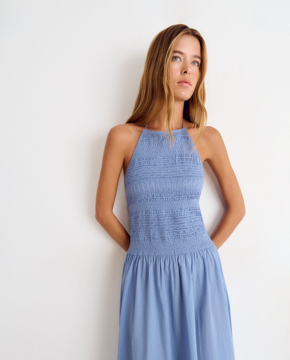 Vestido Comprido com Smock Azul-3