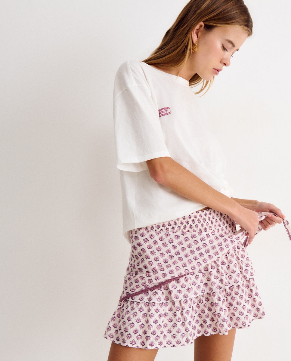 Saia Curta Estampada com Lenço Rosa-3
