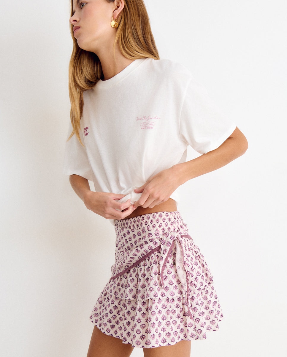 Saia Curta Estampada com Lenço Rosa-4