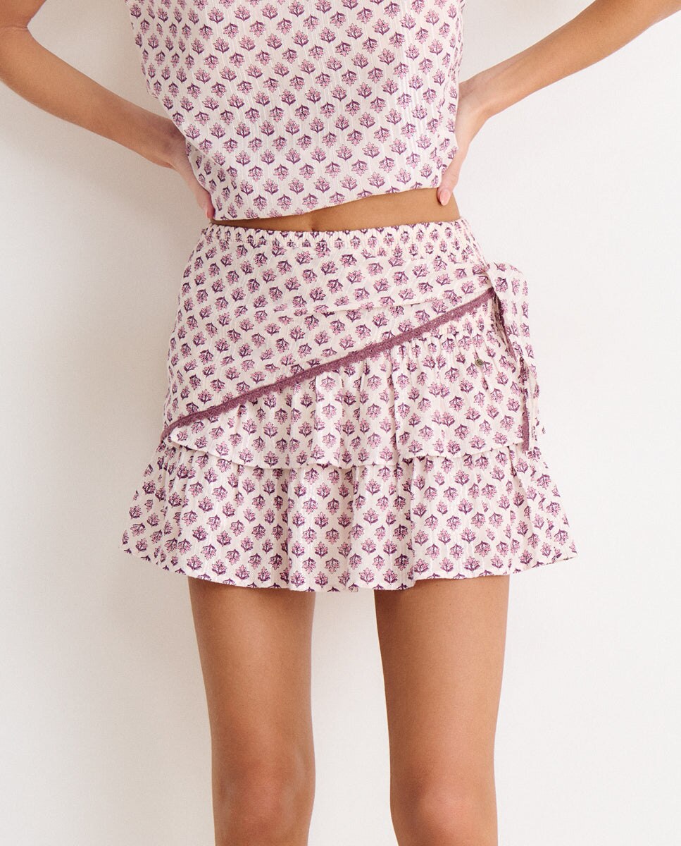 Saia Curta Estampada com Lenço Rosa-5
