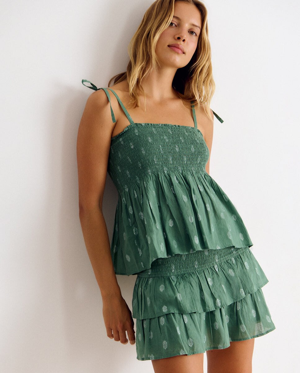 Saia Curta com Smock e Folhos Verde-3