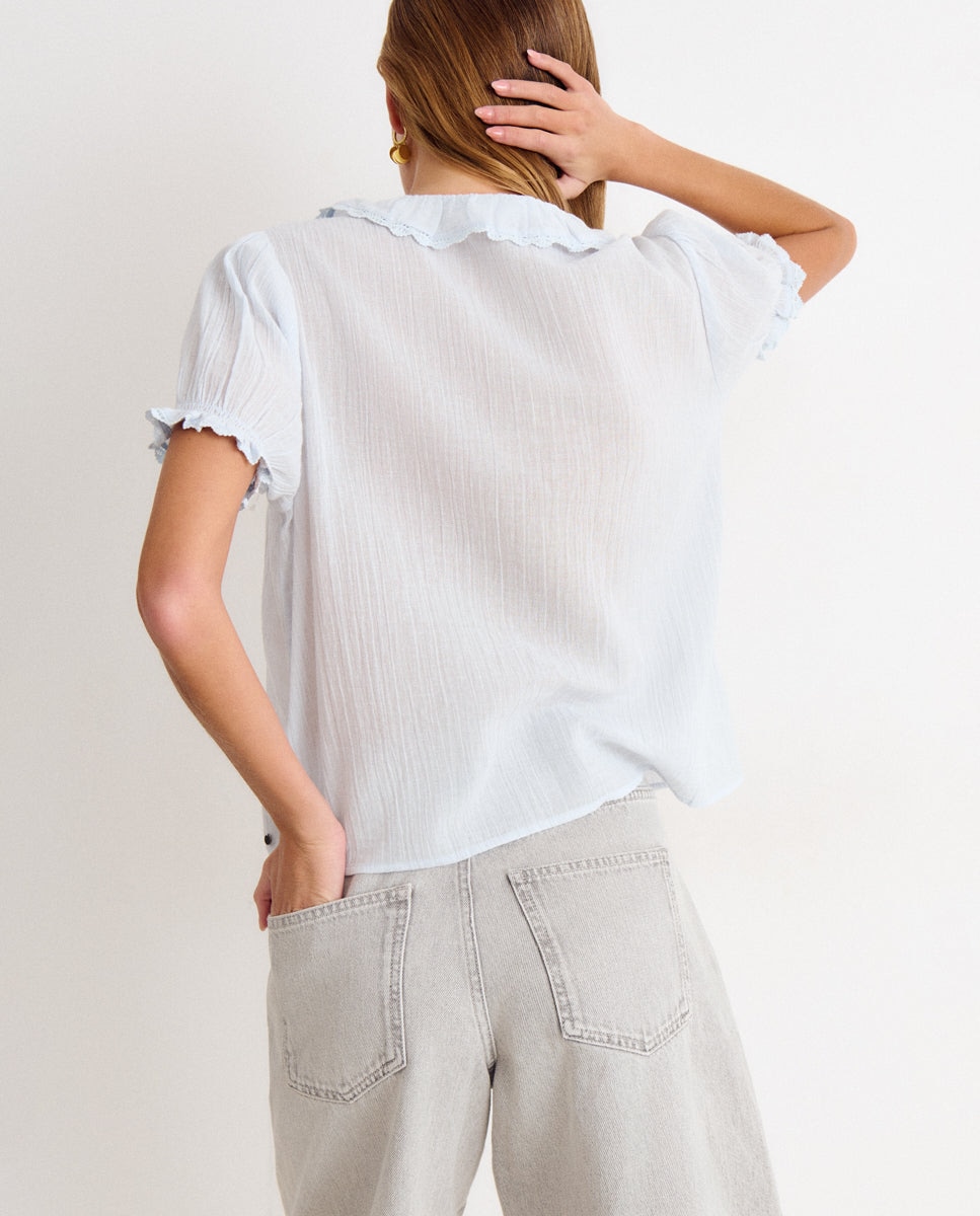 Blusa de Manga Larga com Folho Azul-2
