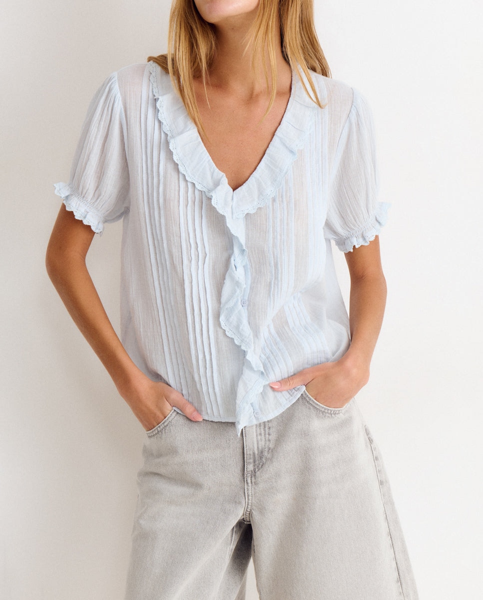 Blusa de Manga Larga com Folho Azul-4