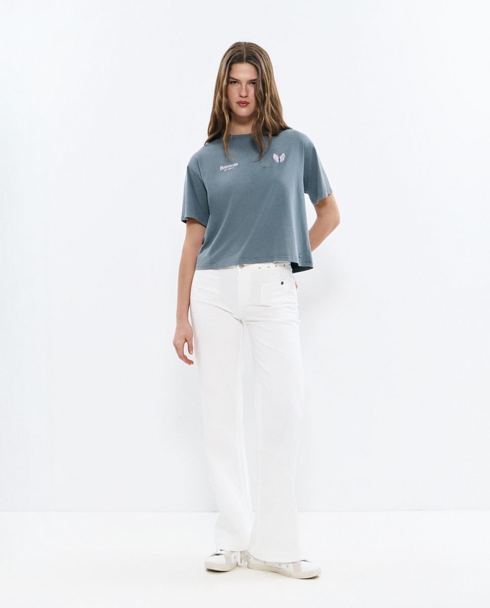 Jeans com Corte a Direito com Asas e Tachas Branco-2