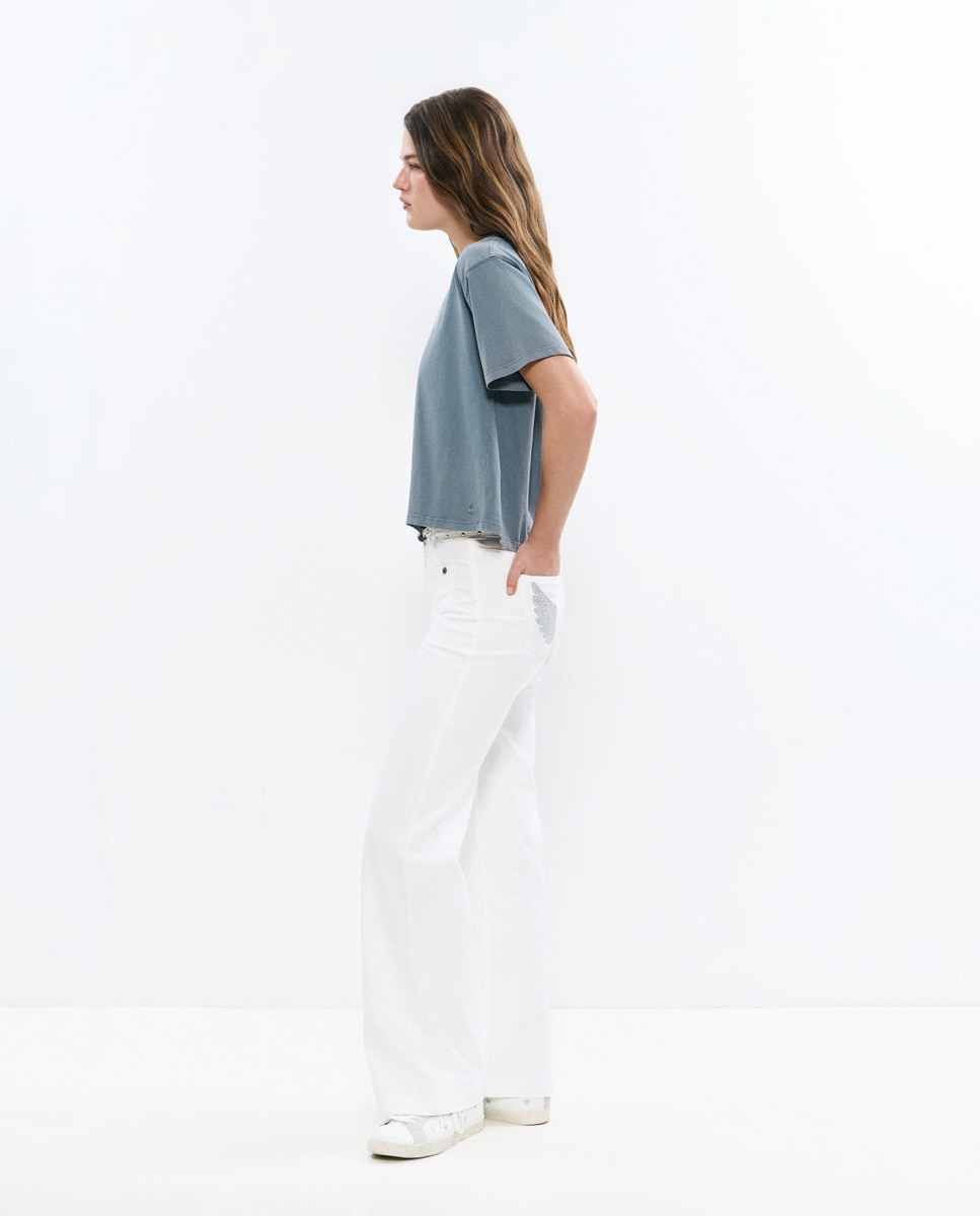 Jeans com Corte a Direito com Asas e Tachas Branco-3