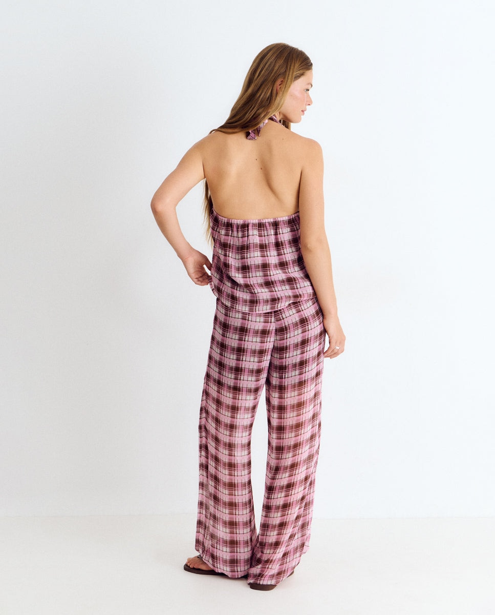 Top com Gola Halter Aos Quadrados Rosa-2