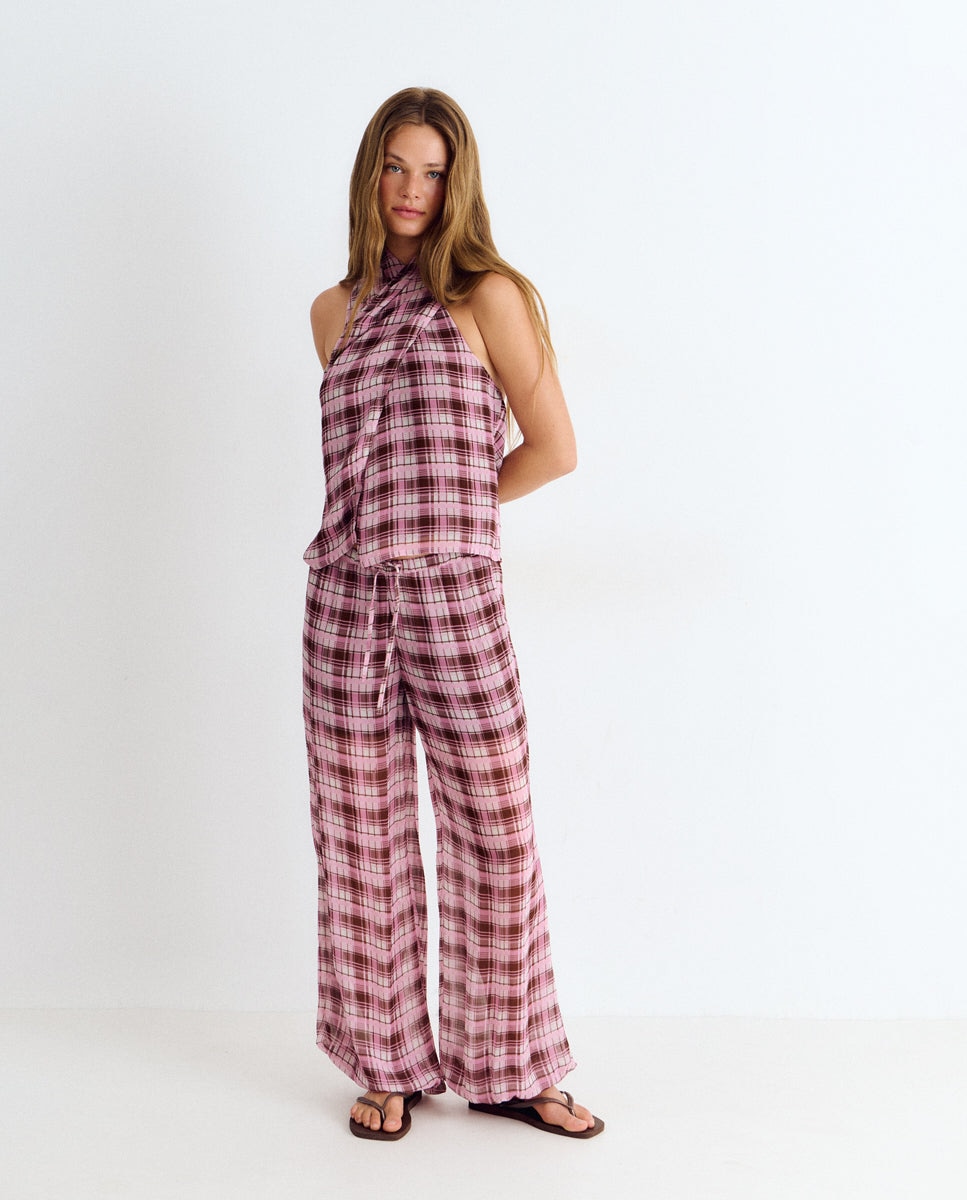 Top com Gola Halter Aos Quadrados Rosa-3