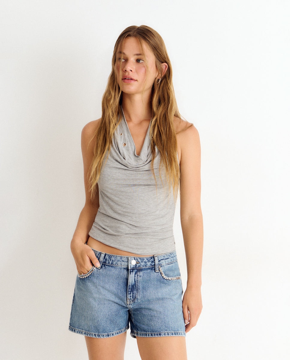 Shorts com Detalhe de Tachas Azul-3