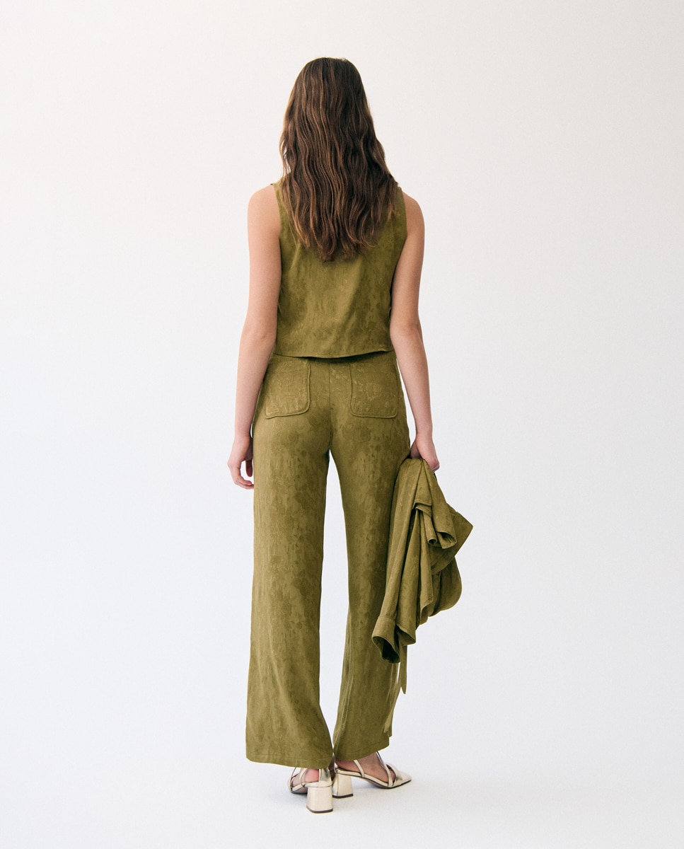 Calças com Corte a Direito Acetinadas com Estampado Jacquard Verde-2