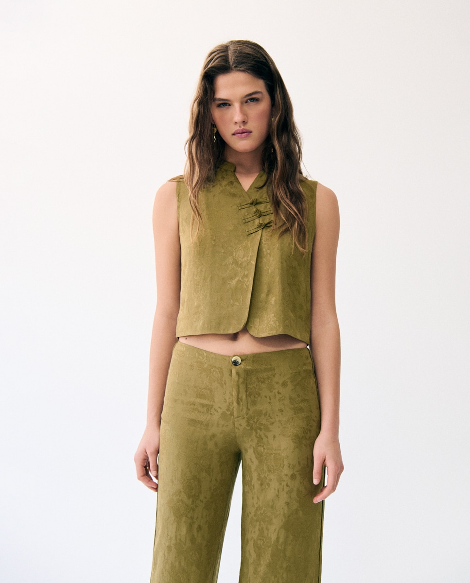 Top Acetinado com Estampado Jacquard Verde-1