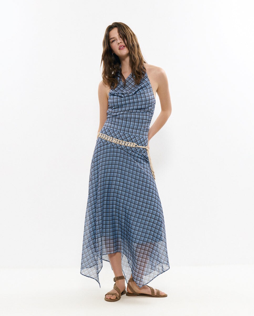 Vestido Comprido Drapeado Aos Quadrados Azul-2
