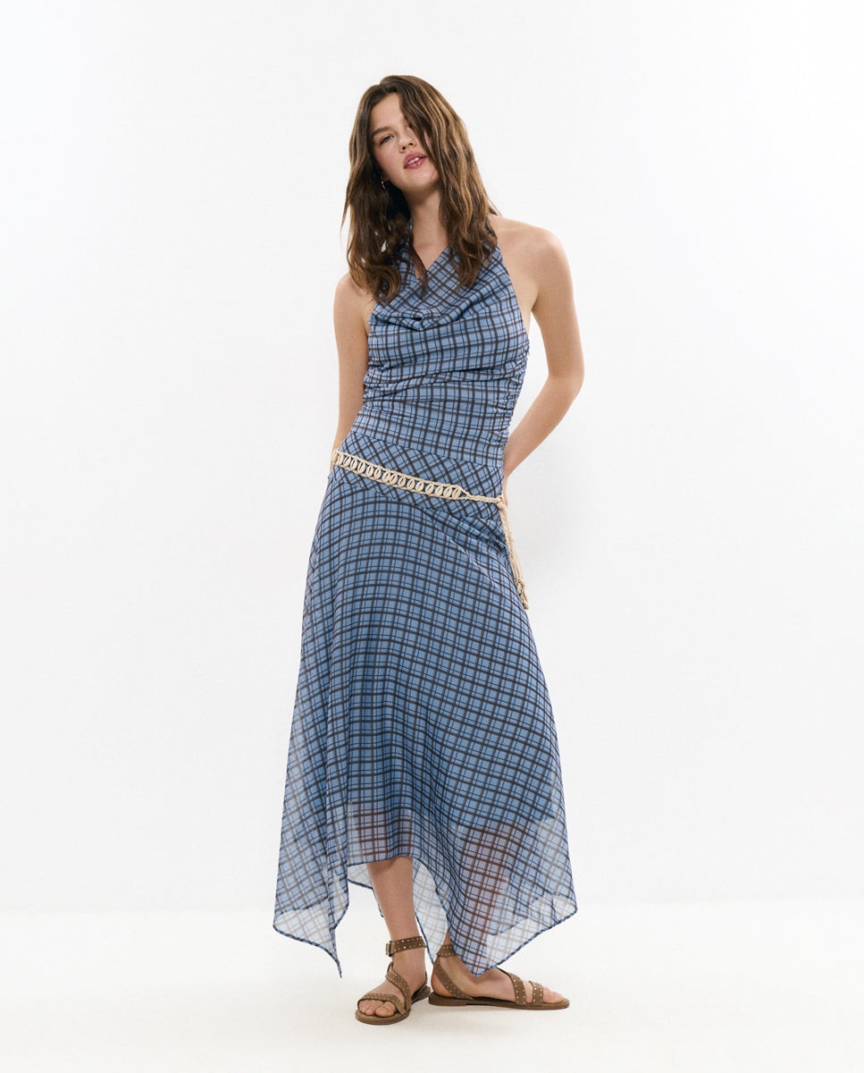 Vestido Comprido Drapeado Aos Quadrados Azul-2