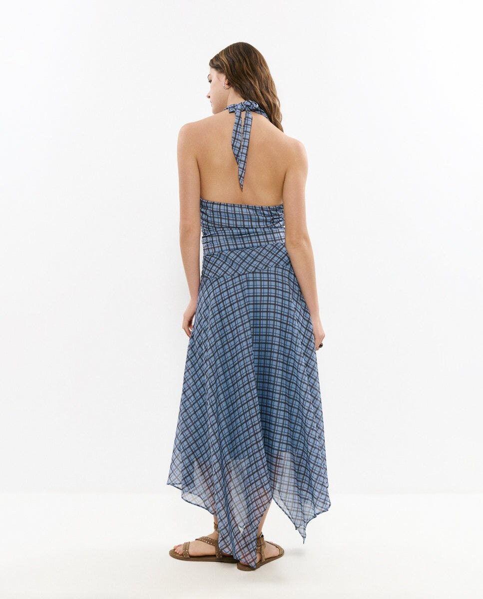Vestido Comprido Drapeado Aos Quadrados Azul-3