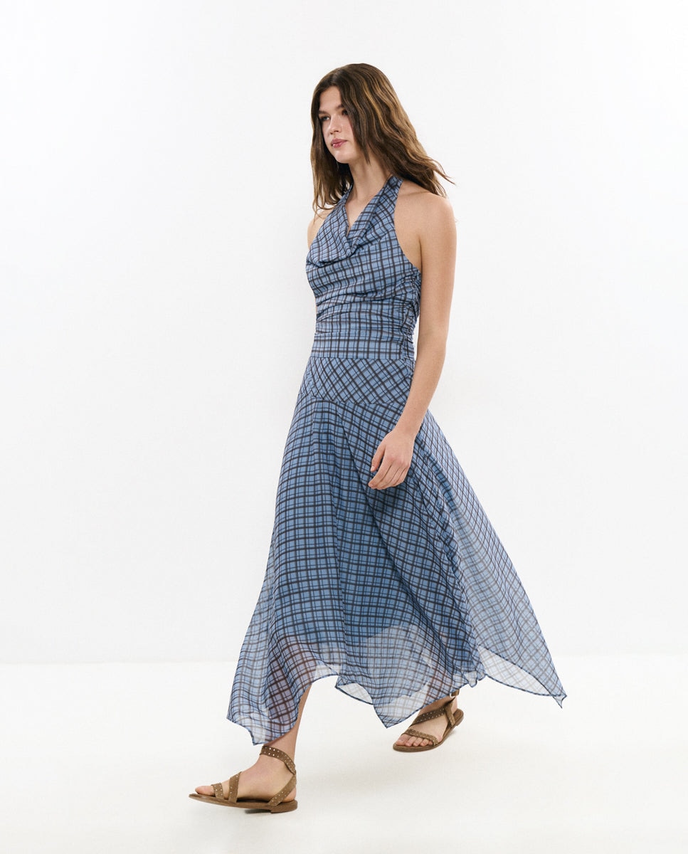 Vestido Comprido Drapeado Aos Quadrados Azul-4
