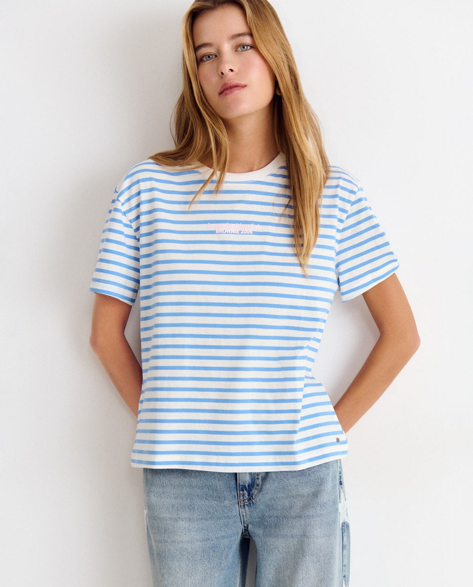 T-shirt Às Riscas com Logo Azul-2