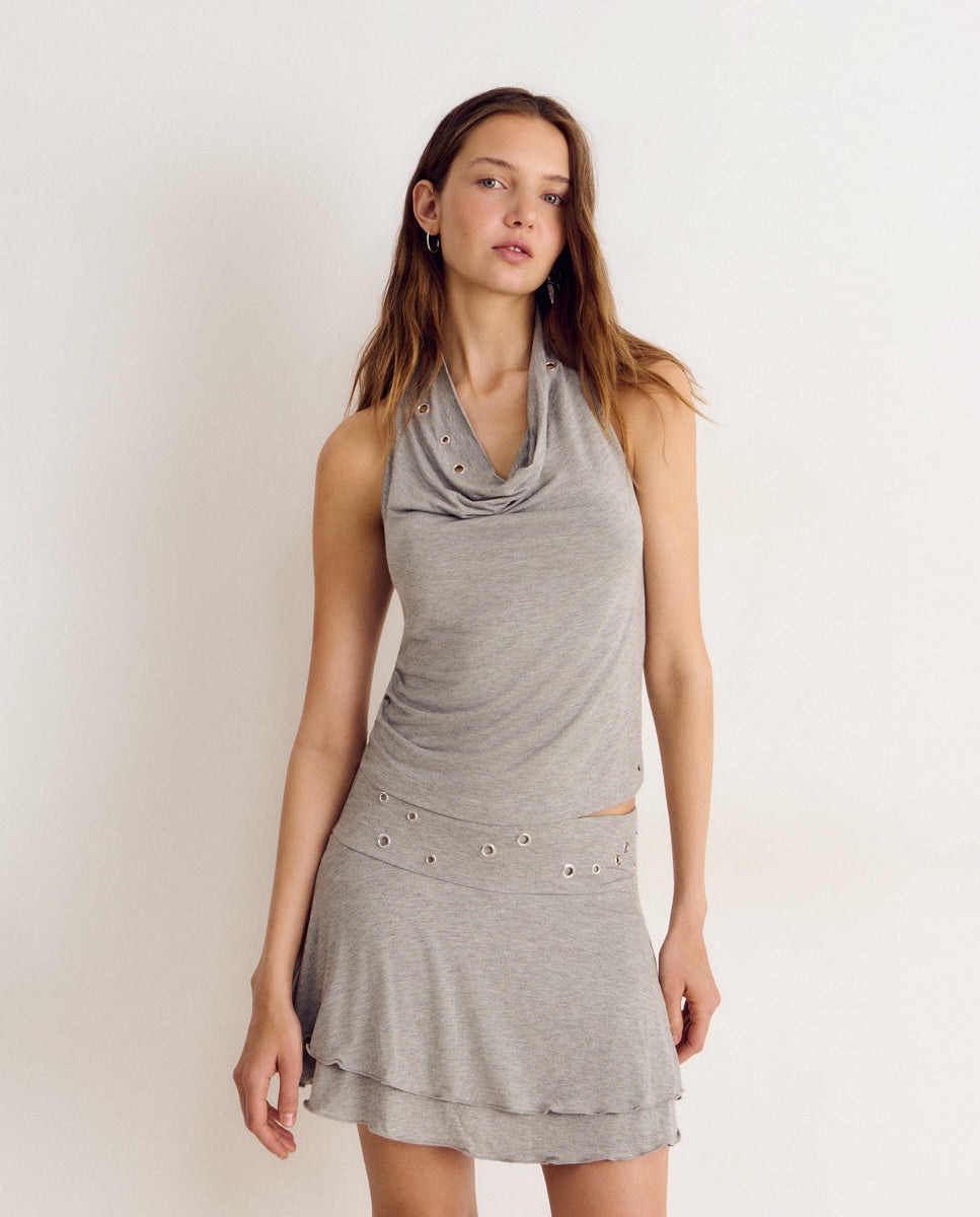Top com Gola Halter e Eyelets Cinzento-4