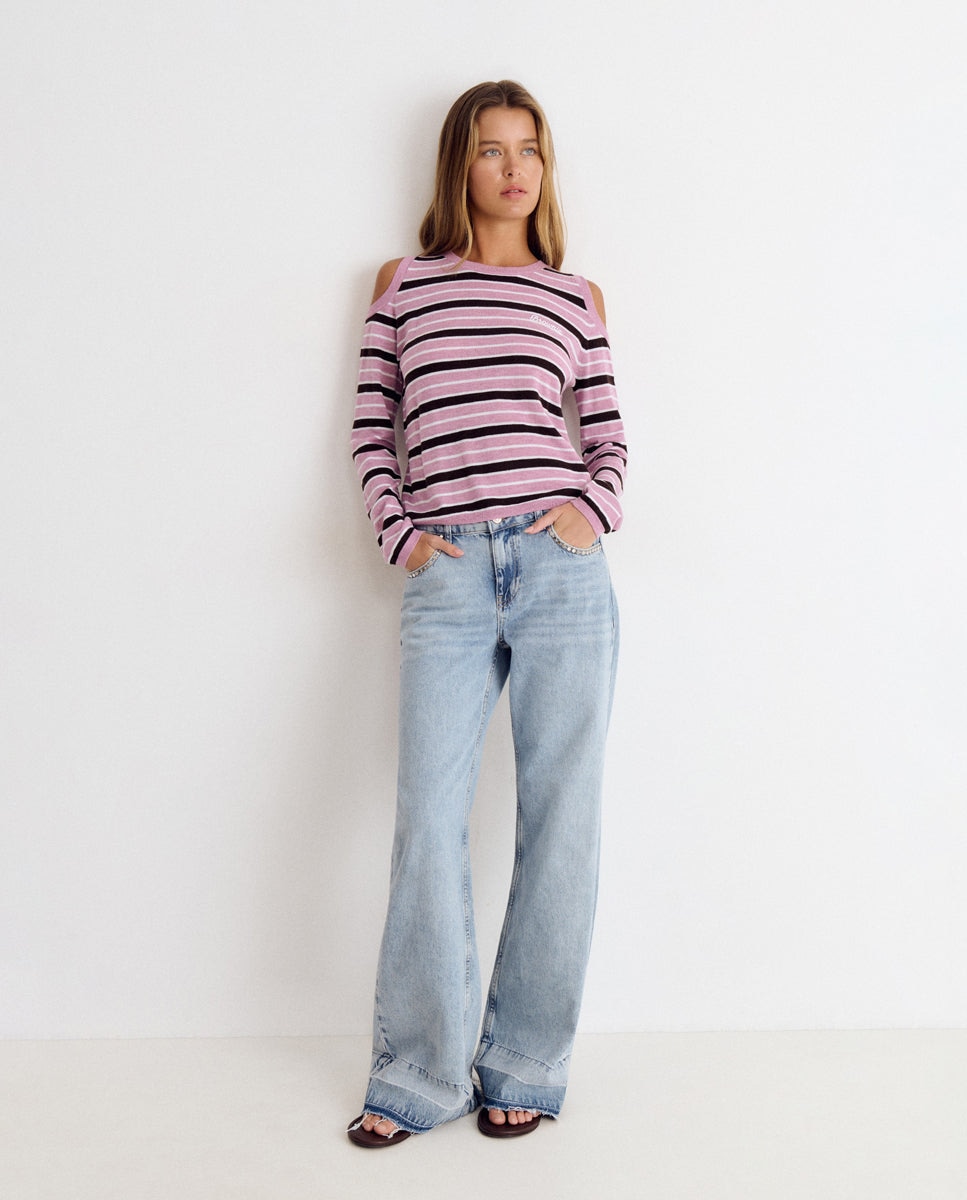 Camisola Às Riscas com Logo Rosa-3