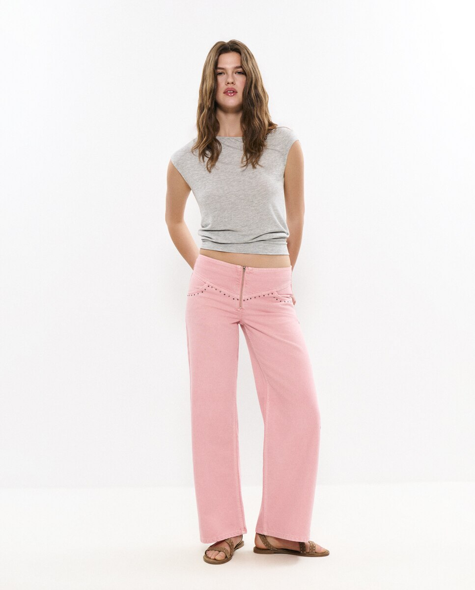 Calças Retas com Cintura com Tachas Rosa-2