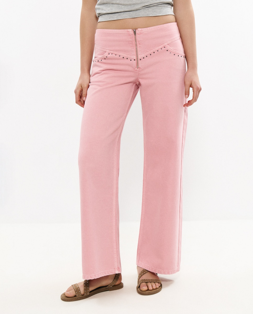 Calças Retas com Cintura com Tachas Rosa-3