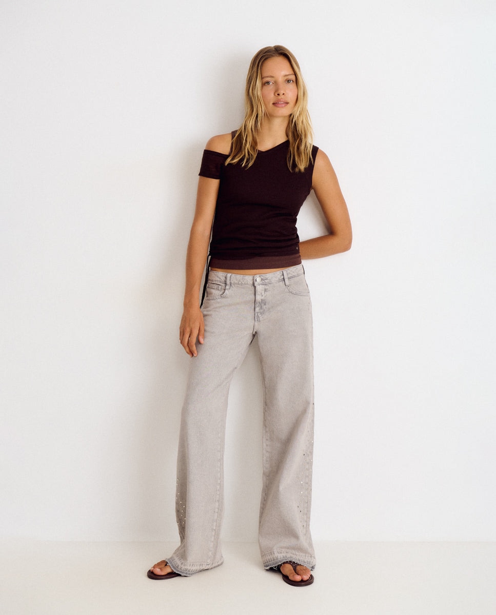 Jeans Largos com Tachas Laterais Cinzento-3