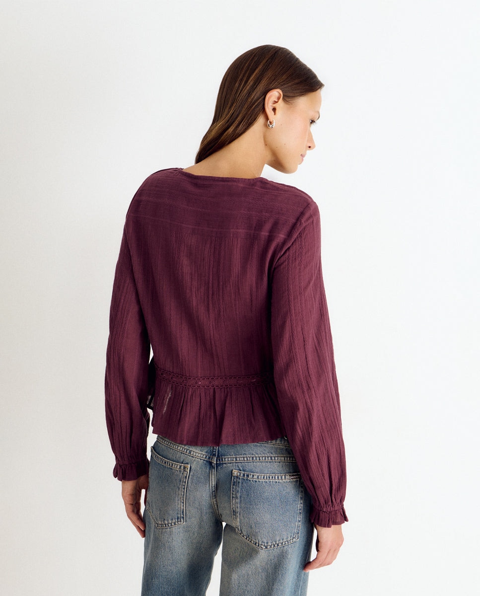 Blusa de Manga Comprida com Folhos Beringela-2
