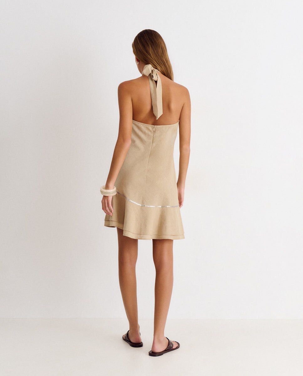 Vestido Curto com Bainha Assimétrica e Lantejoulas Camel-2